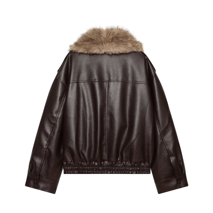 Damen Kurz geschnittene Biker-Lederjacke mit voluminösem Kunstpelz-Schalkragen Drune