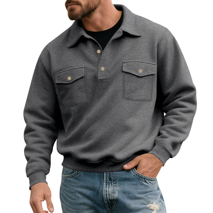 Herren nan Brustklappen-Polo-Sweatshirt mit Halbknopfleiste, zwei Brusttaschen und geripptem Saum Drune