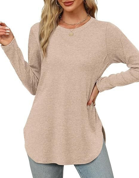 Damen Lässiges Longsleeve-Tunikaoberteil mit Rundhalsausschnitt, Seitenschlitzen und Aquarell-Blattprint Drune