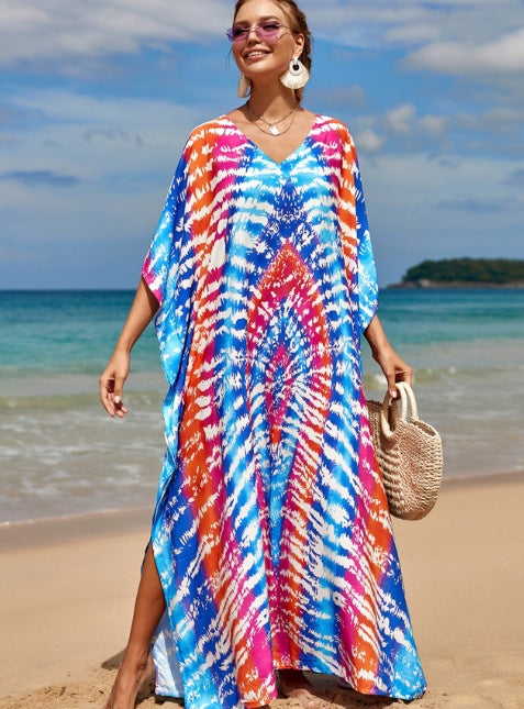 Damen Strandkleid mit buntem Batikdesign und weit geschnittenen Ärmeln Drune