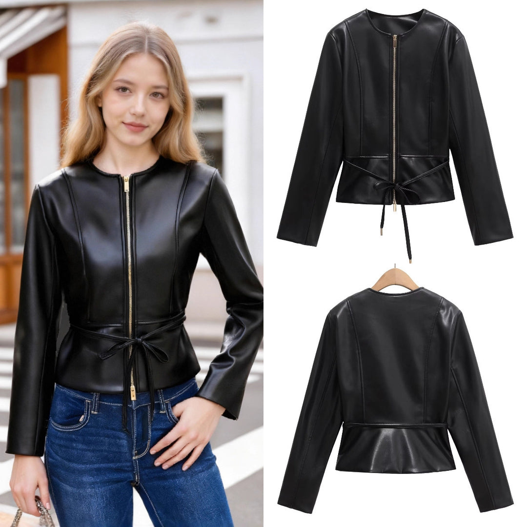 Damen Kollierlose Kunstlederjacke mit Reißverschluss und Taillenband Drune