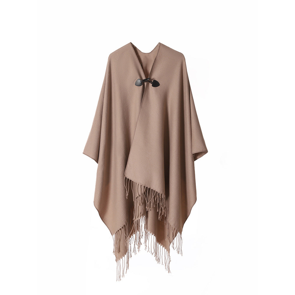 Damen Kastiger Cape-Überwurf mit Fransen und Knebelverschluss Drune