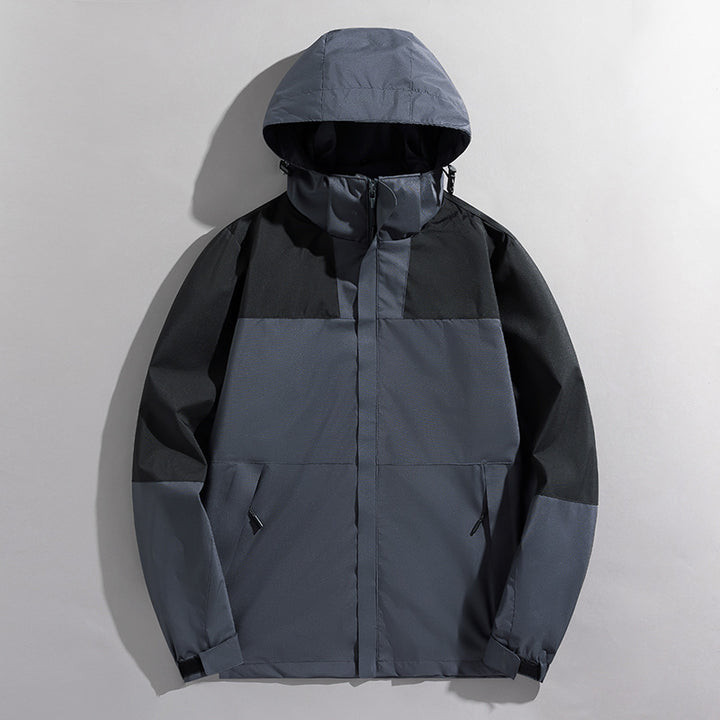 Herren zweilagige technische Kapuzen-Outdoorjacke mit hochschließendem Stehkragen und verstellbarer Kapuze Drune