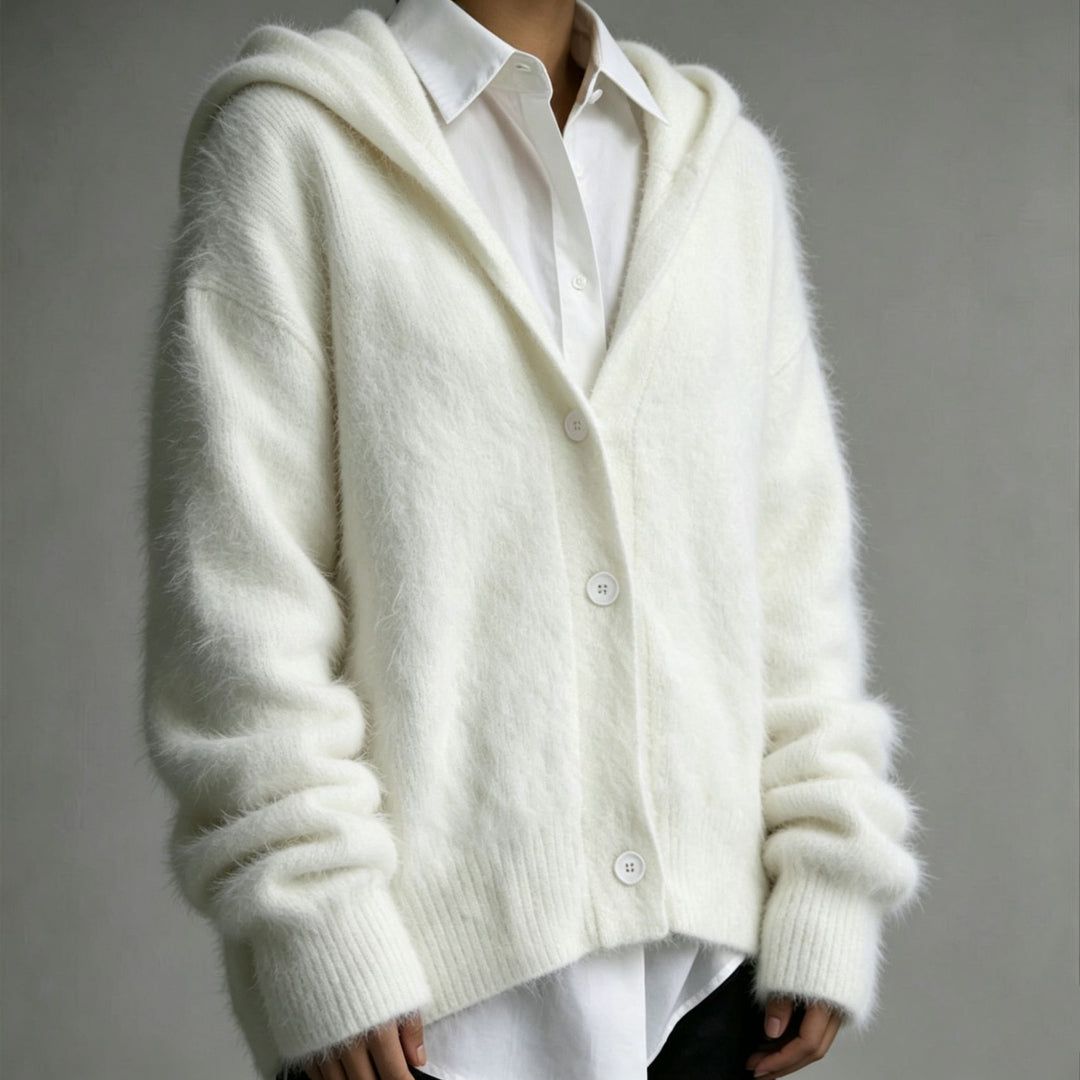 Damen Flauschiger Kapuzen-Cardigan im Mohair-Look mit Knopfleiste Drune
