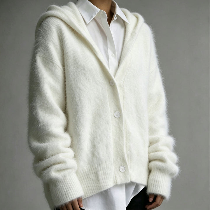 Damen Flauschiger Kapuzen-Cardigan im Mohair-Look mit Knopfleiste Drune