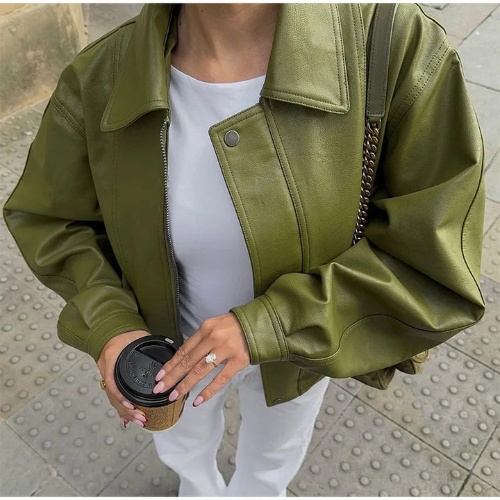 Damen modische oversized Lederjacke mit steigendem Kragen Drune