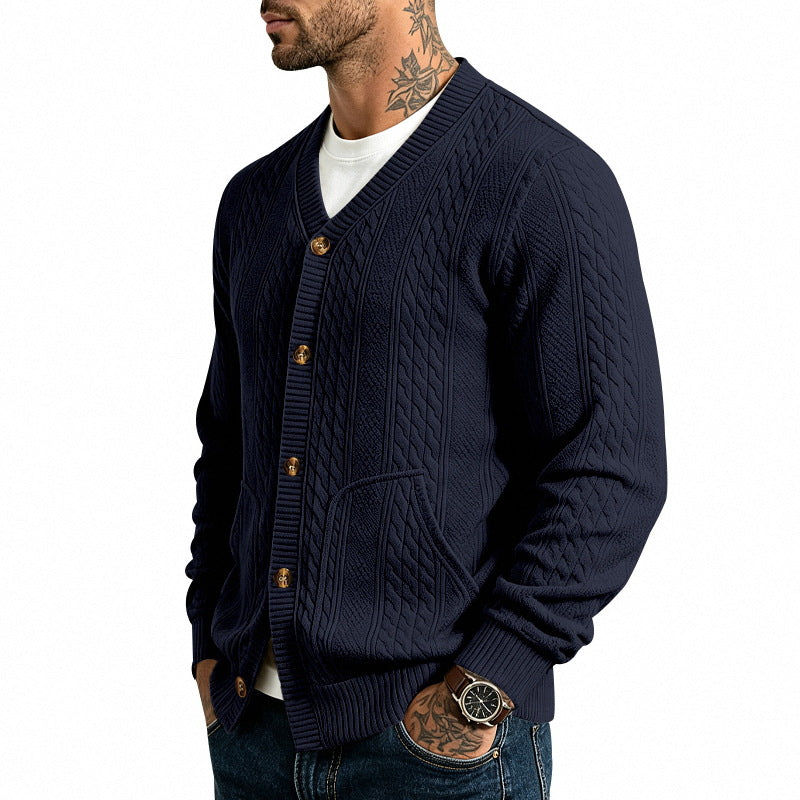 Herren Strukturierter Strickcardigan mit V-Ausschnitt und Zopfmuster Drune