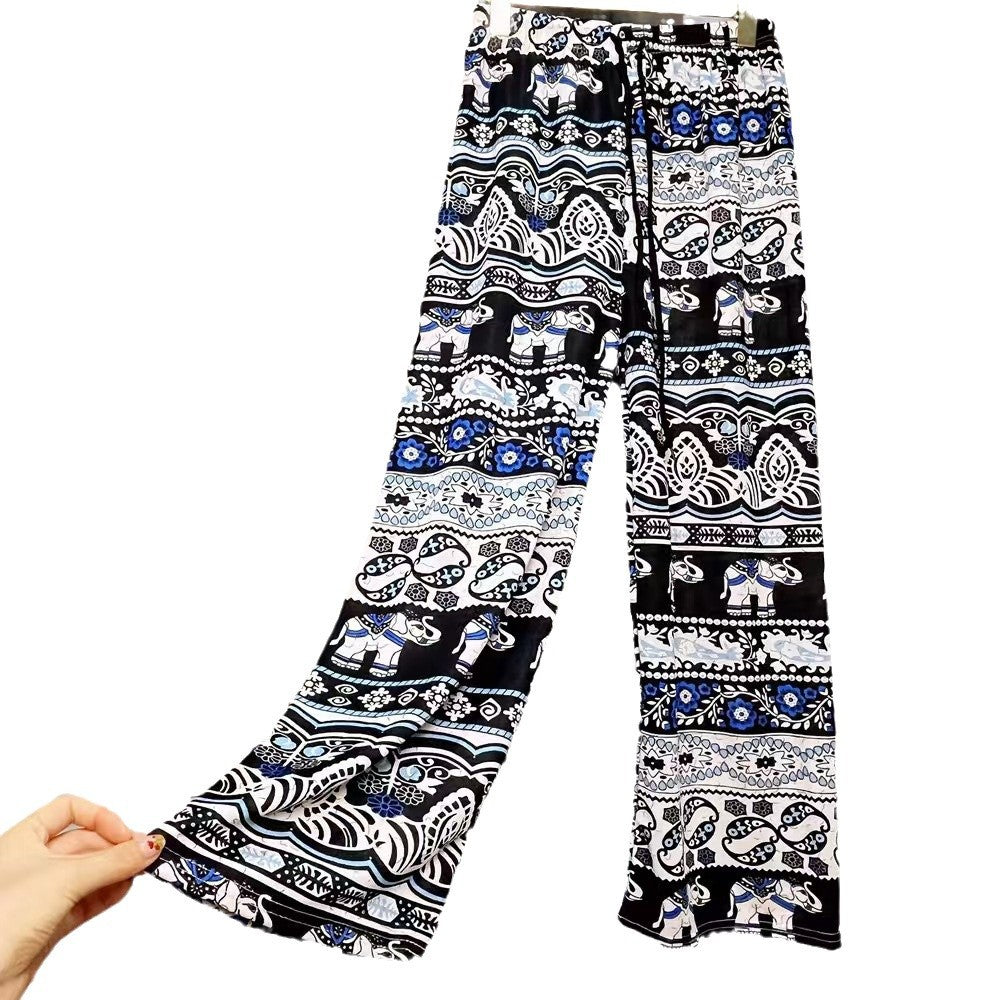 Damen Lässige Palazzo-Hose mit Elefantenmuster und elastischem Bund Drune