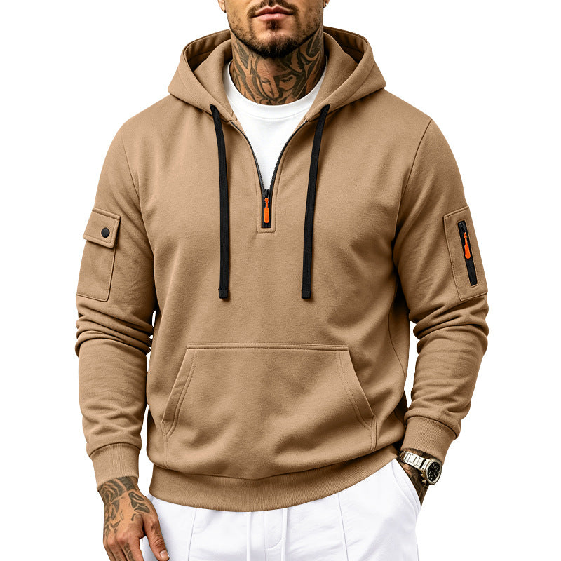 Herren Utility-Halbzip-Kapuzenpullover mit Ärmel-Taschen und Kängurutasche Drune