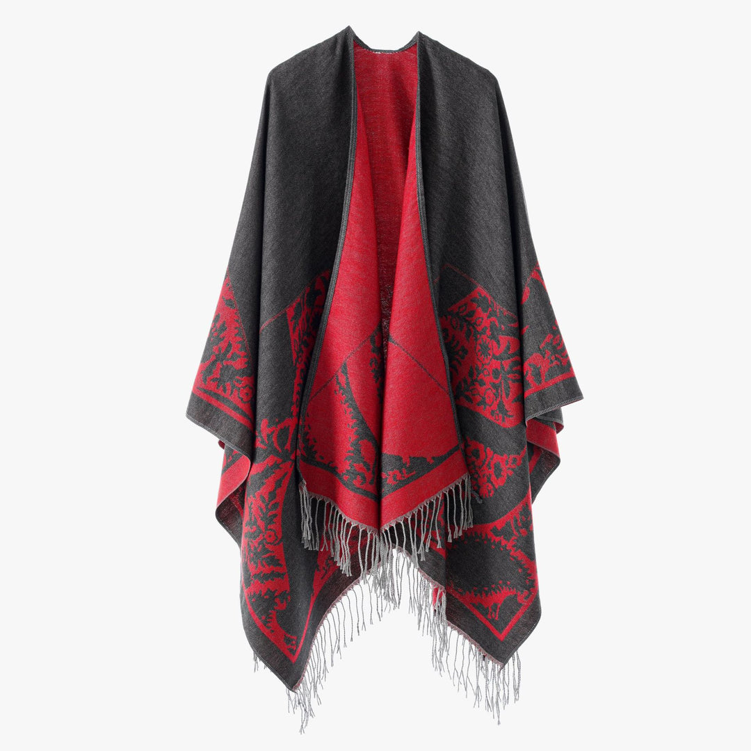 Damen Wendbarer Feinstrick-Poncho mit Jacquardmuster und Fransensaum Drune