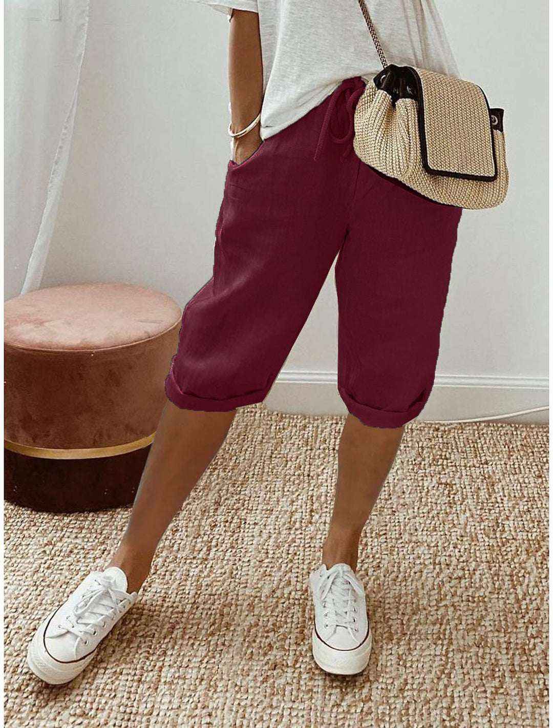 Damen lässige Cropped-Hosen mit Gummi Bund und Taschen Drune