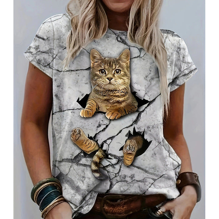 Damen T-Shirt mit 3D-Katzenmotiv und kreativem Rissdesign Drune