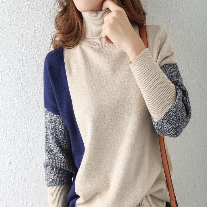 Damen modischer Rollkragenpullover mit grafischen Farbblockstrukturen Drune