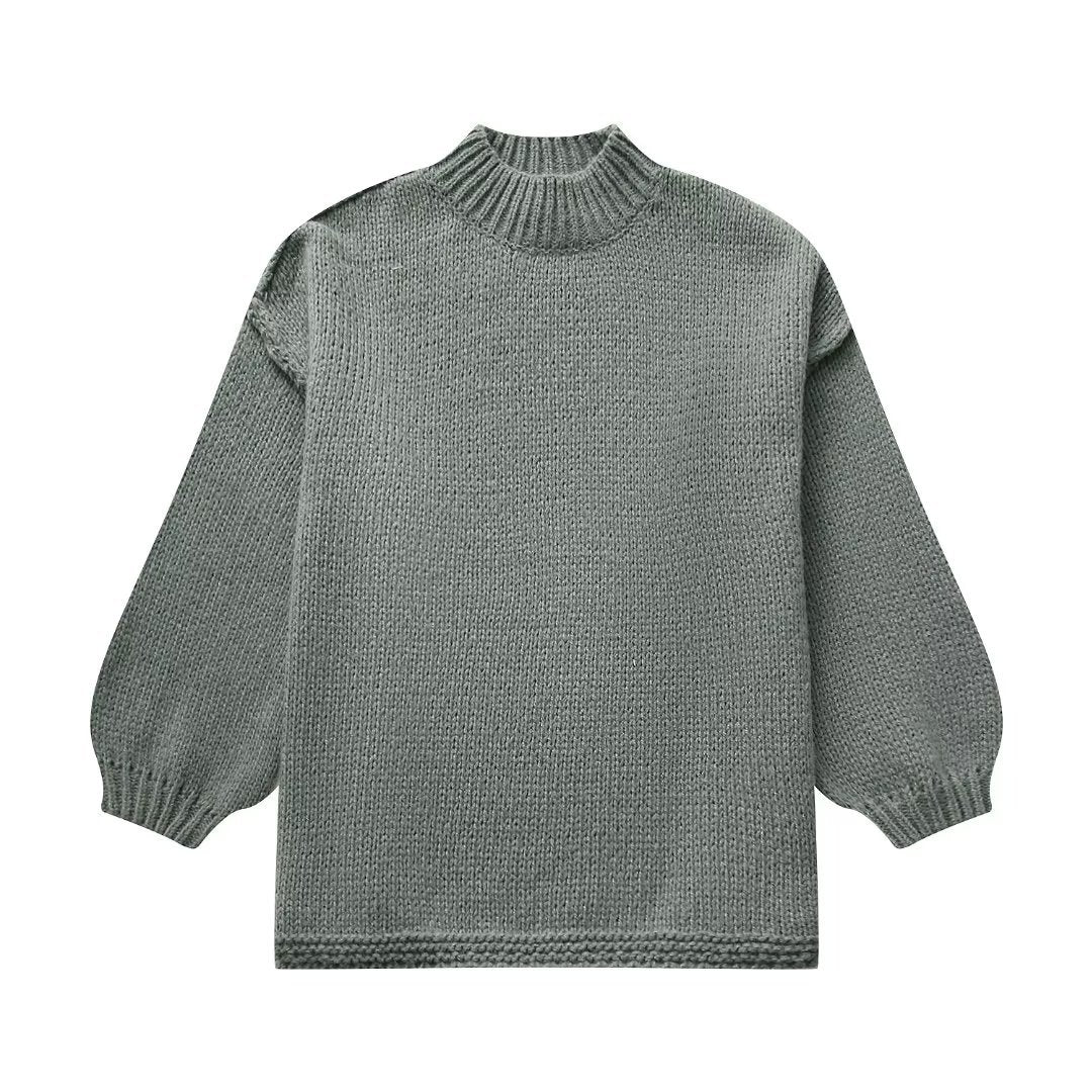 Damen Grobstrick-Pullover mit Stehkragen, überschnittenen Schultern und Ballonärmeln Drune