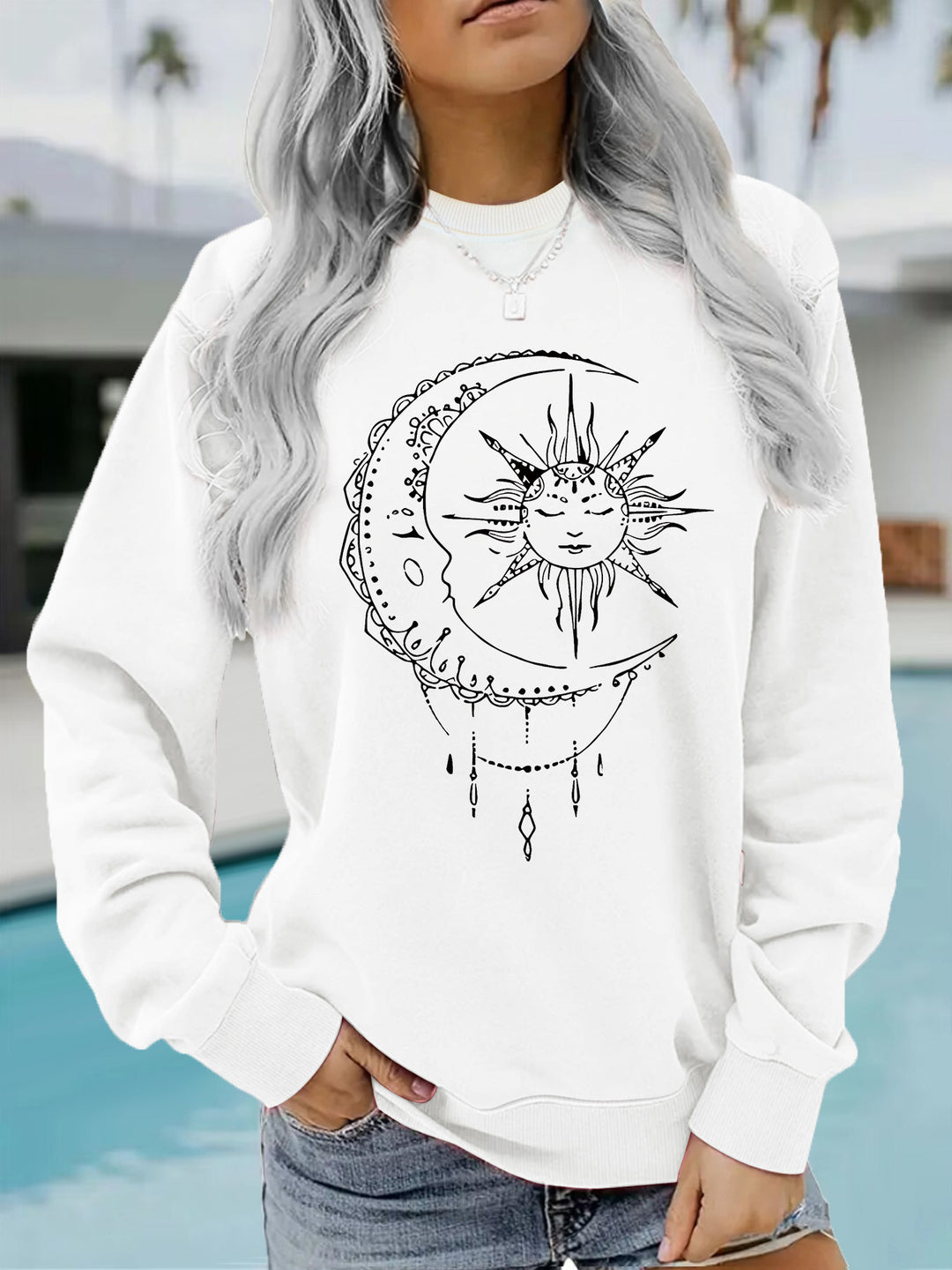 Damen Sweatshirt mit künstlerischem Sonnen- und Mondmotiv Drune