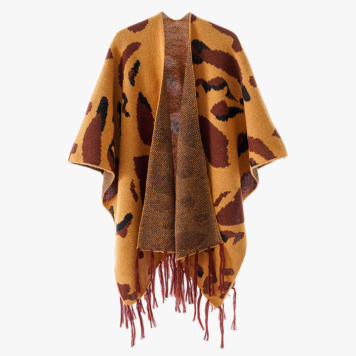 Damen Oversize-Strickponcho mit animalischem Jacquard und Fransensaum Drune