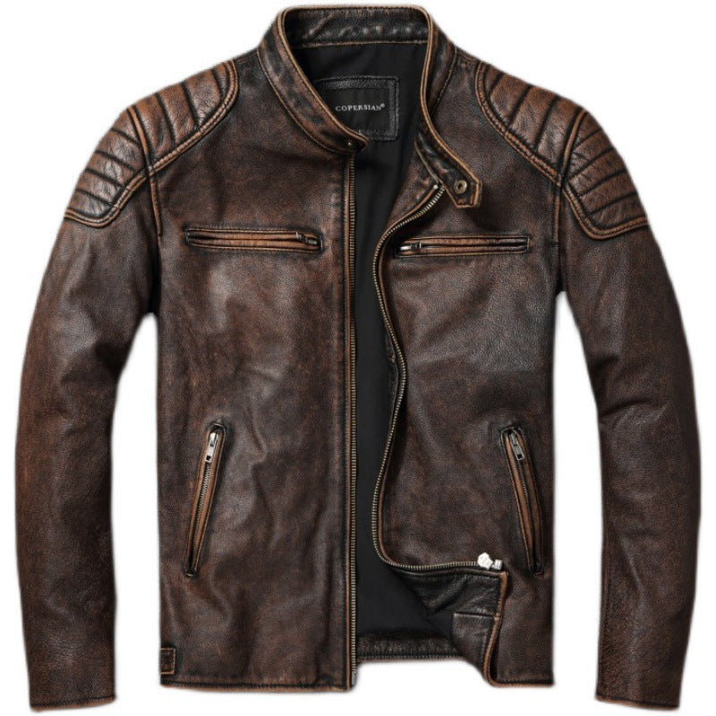 Herren Vintage Biker-Lederjacke mit Stehkragen und gesteppter Schulterpolsterung Drune