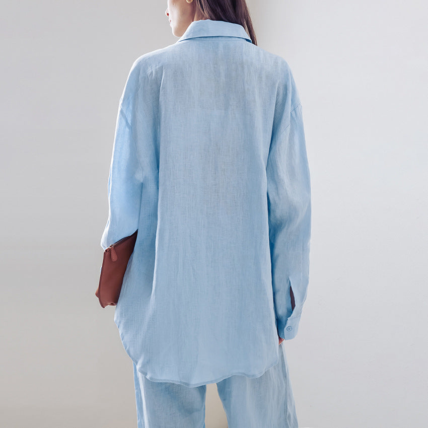 Damen lässige Leinen-Hosenanzug mit übergroßer Hemdbluse und geradem Bein Drune