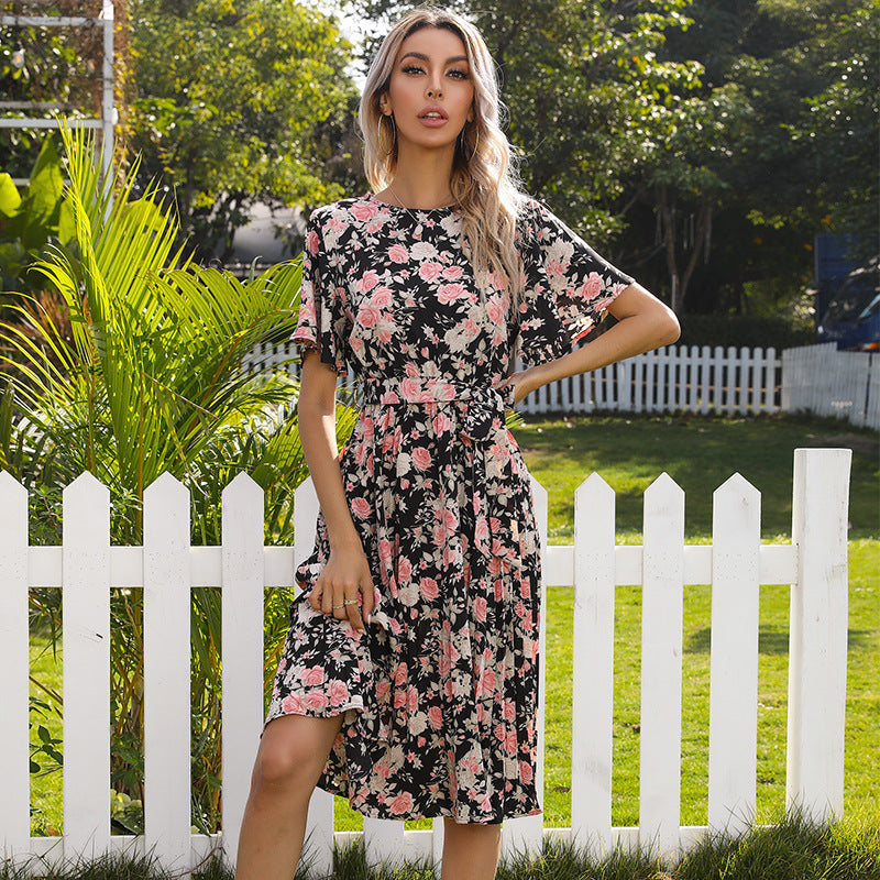 Damen Florales Midikleid mit Bindegürtel, Flatterärmeln und A-Linien-Schnitt Drune
