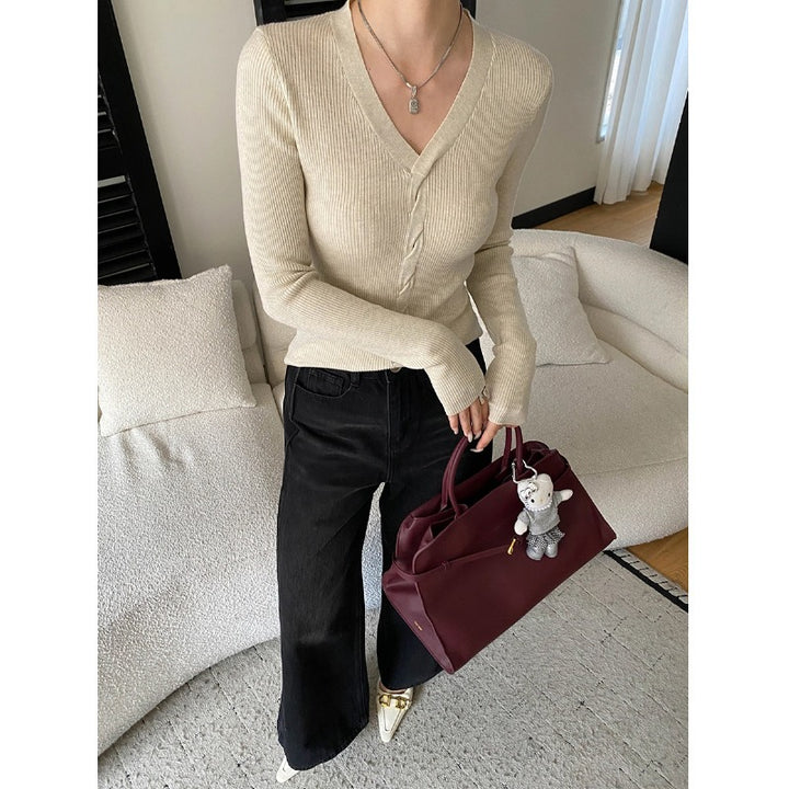 Damen figurbetontes langärmliges Rippoberteil mit V-Ausschnitt und eleganten Knopfdetails Drune