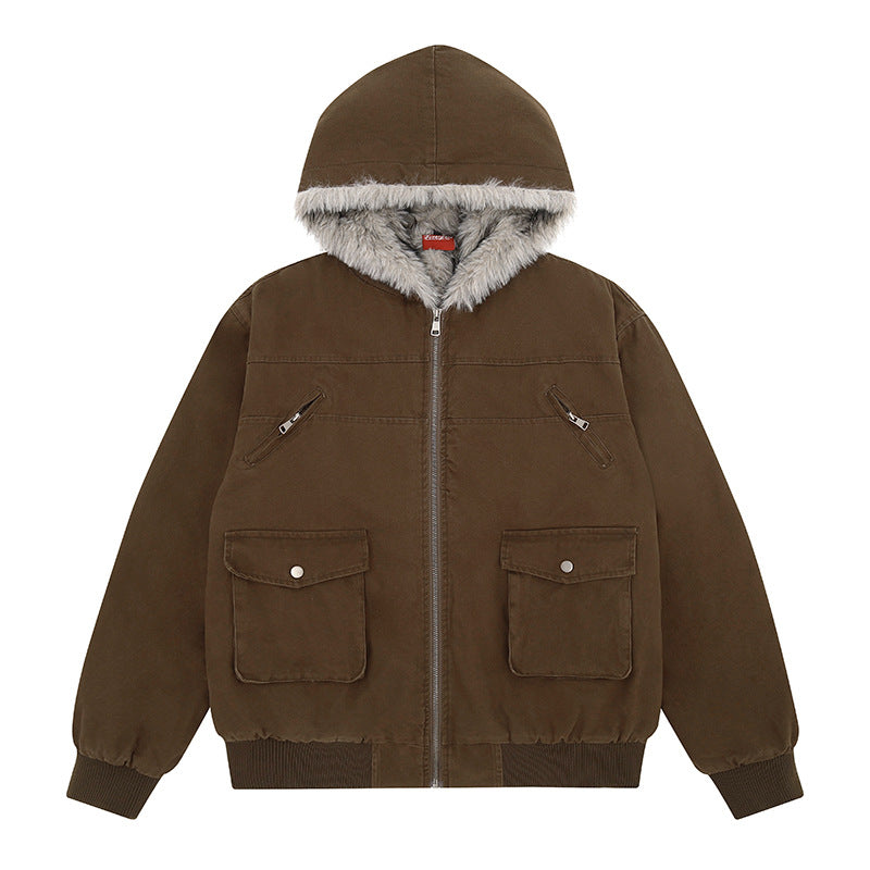 Damen wattierte Kapuzenjacke mit kunstfellfutter, Cargo‑Taschen und elastischen Bündchen Drune