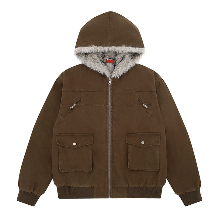 Damen wattierte Kapuzenjacke mit kunstfellfutter, Cargo‑Taschen und elastischen Bündchen Drune