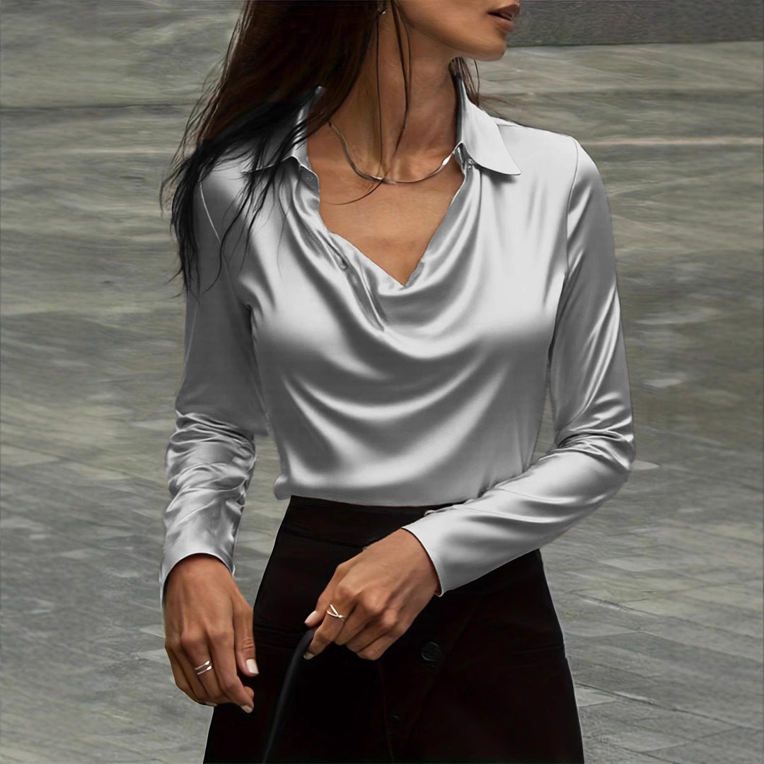 Damen Satinbluse mit Wasserfallkragen und Hemdkragen Drune