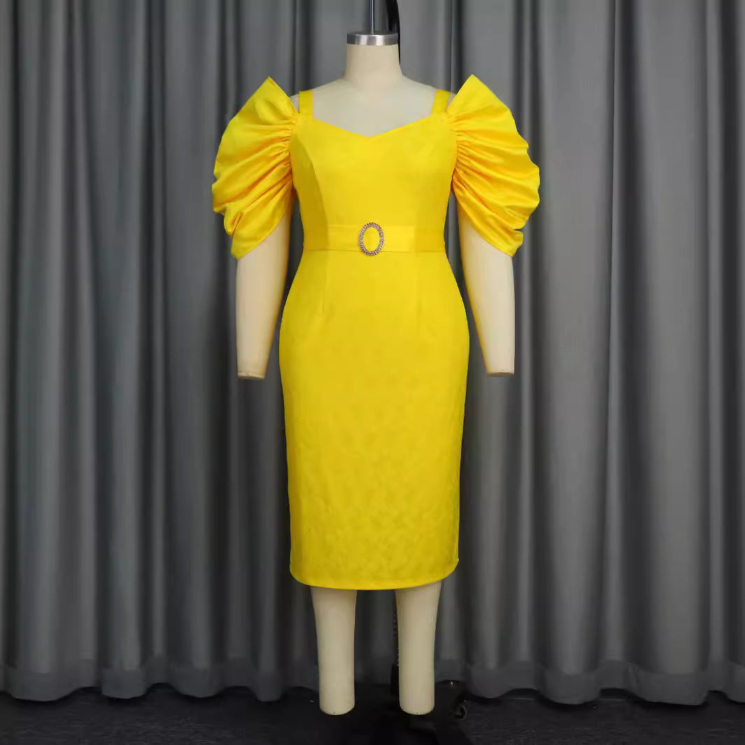 Damen figurumspielendes Kleid mit voluminösen Puffärmeln und Taillengürtel Drune