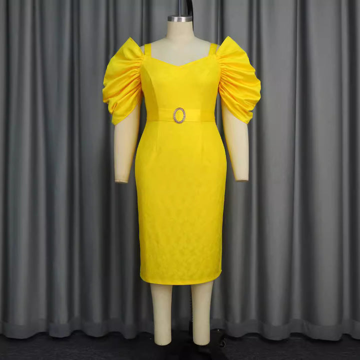 Damen figurumspielendes Kleid mit voluminösen Puffärmeln und Taillengürtel Drune