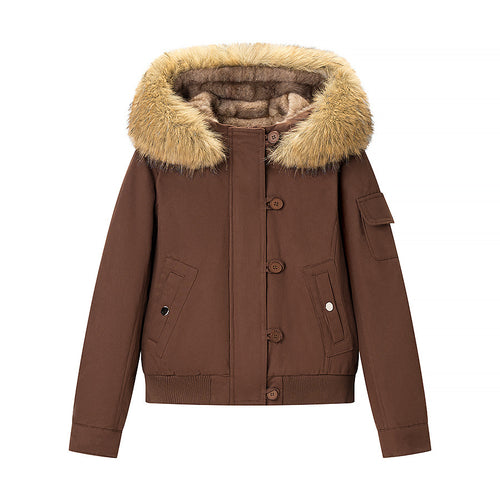 Damen Kuschelige Bomberjacke mit Kunstfell-Kapuze und Teddy-Futter Drune