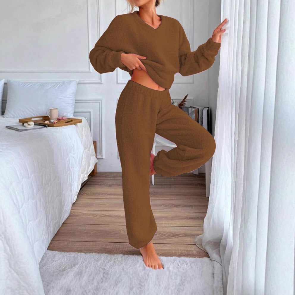 Damen Kuscheliges Freizeit-Loungewear-Set mit V-Ausschnitt Drune