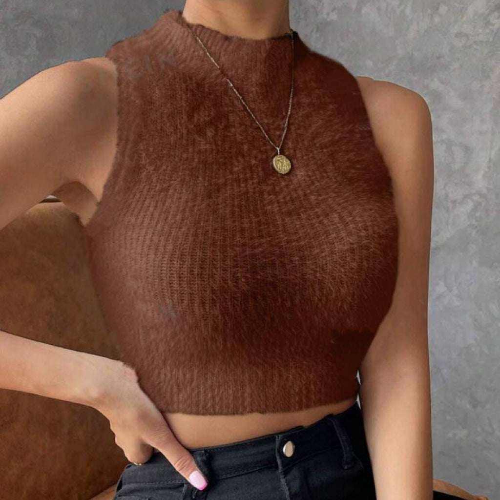 Damen Kurz geschnittenes ärmelloses geripptes Strick-Crop-Top mit Stehkragen Drune