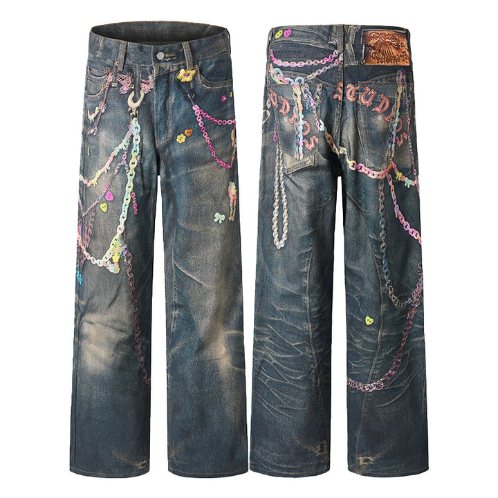 Herren Baggy-Denim-Jeans mit handbemaltem Kettenprint und Applikationen Drune