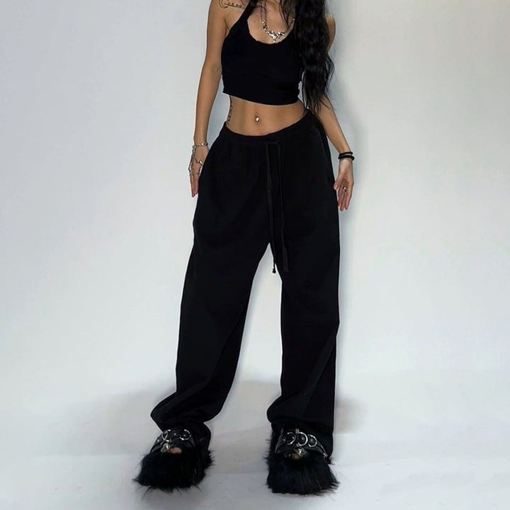 Damen nan weit geschnittene Loungehose mit hohem Bund extra weitem Bein und Tunnelzug Drune