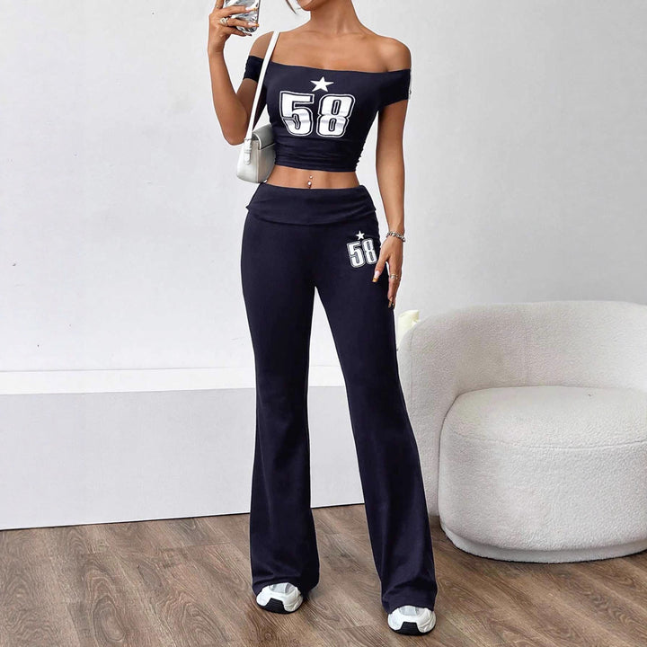 Damen Off-Shoulder Crop-Top und weite Hose Set Drune