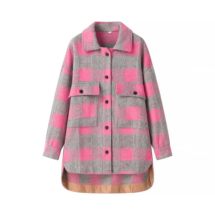 Damen nan oversized Karobluse aus Teddyfleece mit aufgesetzten Klappentaschen und abgerundetem Saum Drune