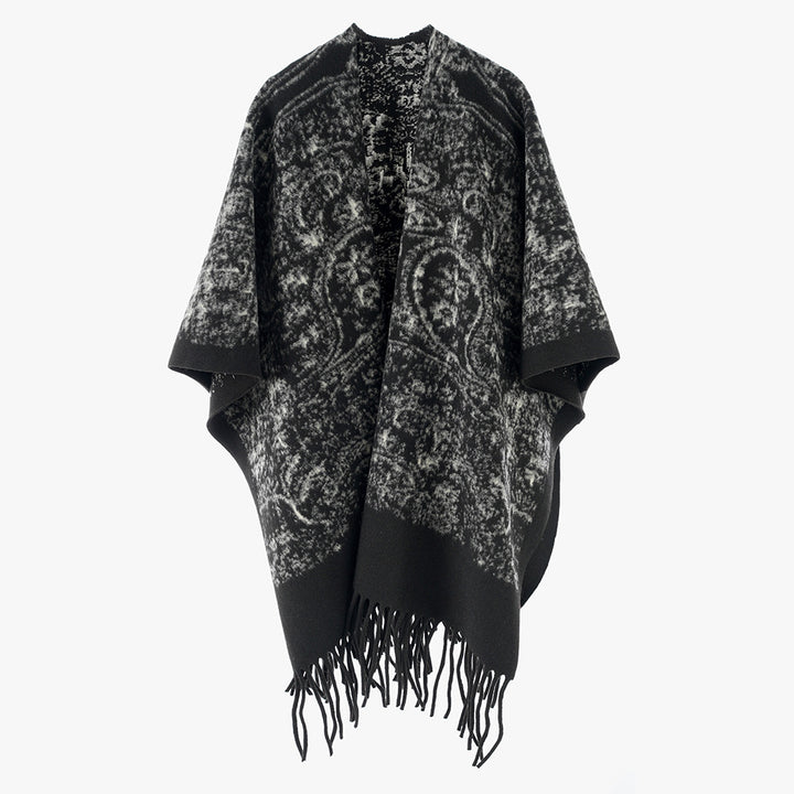 Damen Fransen-Cape im Kuschel-Wollmix mit strukturierter Vintage-Optik Drune