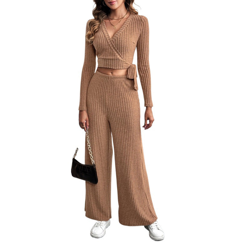 Damen Elegantes Strick-Set mit Wickeloberteil und weitem Bein Drune