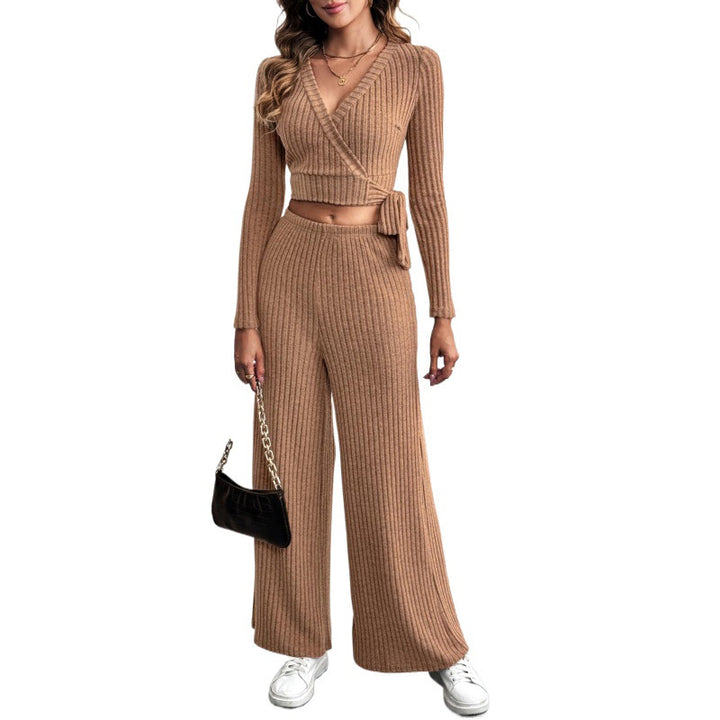 Damen Elegantes Strick-Set mit Wickeloberteil und weitem Bein Drune