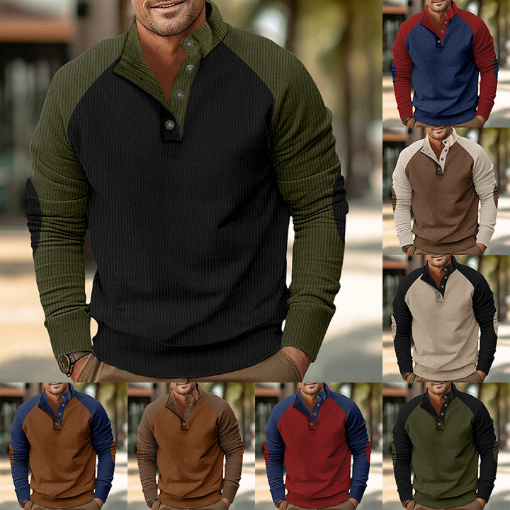 Herren Warmer Waffelstruktur-Henleypullover mit Kontrast-Raglanärmeln & Stehkragen Drune
