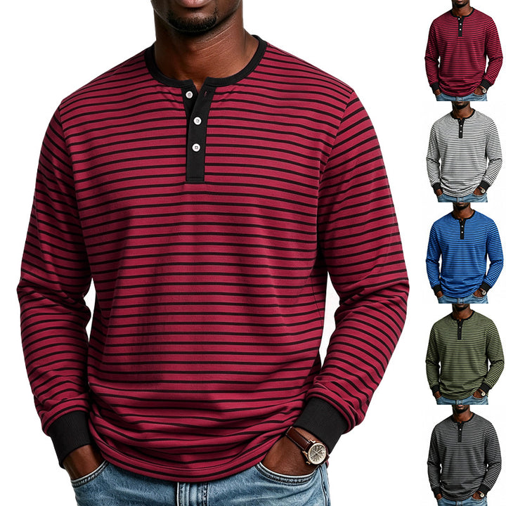 Herren Gestreiftes Langarm-Henleyshirt aus Baumwollmischung mit Knopfleiste Drune