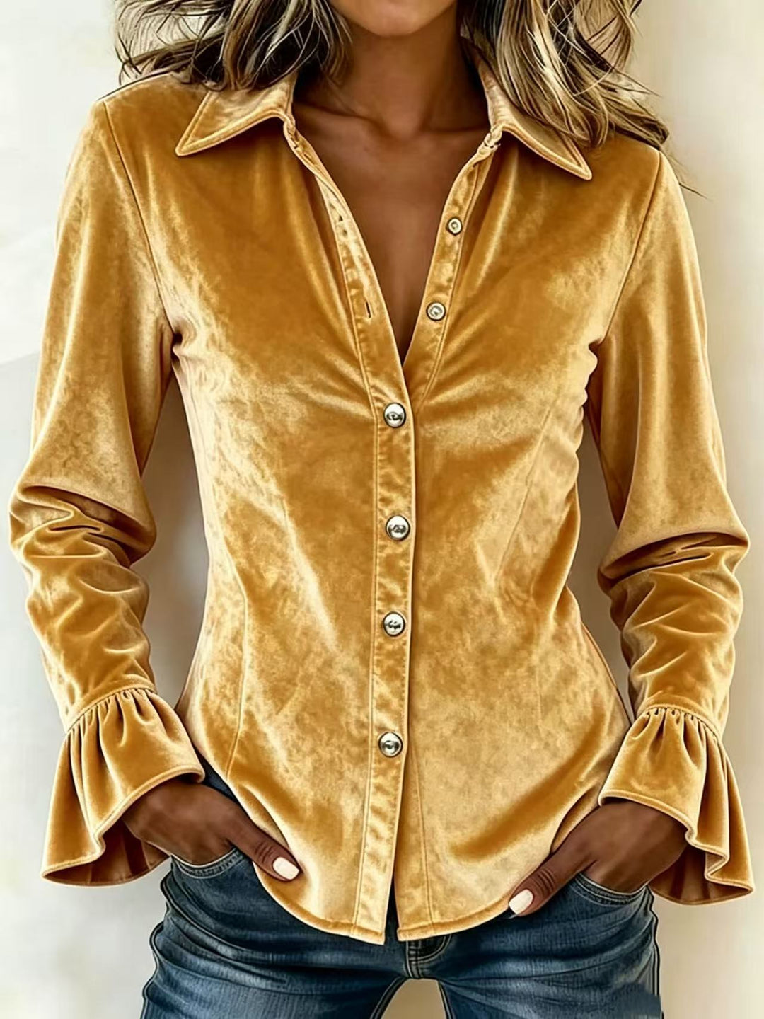 Damen Taillierte Samtbluse mit Reverskragen, Knopfleiste und Volantärmeln Drune