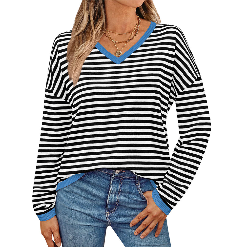 Damen lässiger Pullover mit niedrigem V-Ausschnitt und buntem Streifenmuster Drune