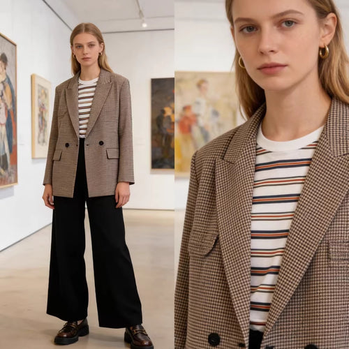 Damen Doppelreihiger Oversize-Blazer mit Hahnentritt-Check und Pattentaschen Drune