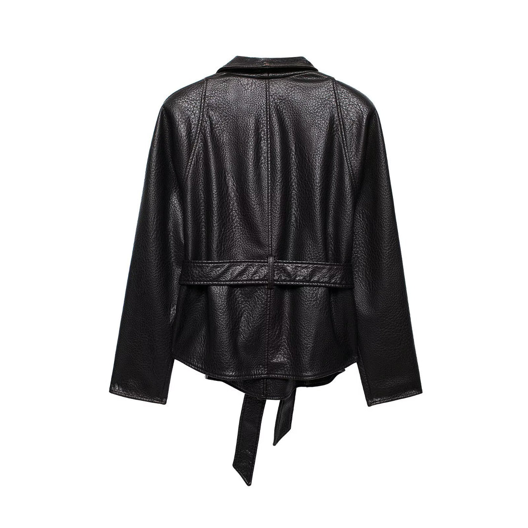 Damen Lederjacke in Lederoptik mit Bindegürtel und Schalkragen Drune
