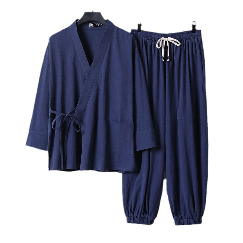 Unisex Entspanntes Kimono-Set mit Wickeljacke, dreiviertelärmeln und elastischer Kordelharemshose Drune