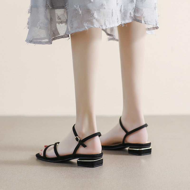 Damen Elegante Fußbett-Sandalen mit dünnen Riemen und modischem Blockabsatz Drune