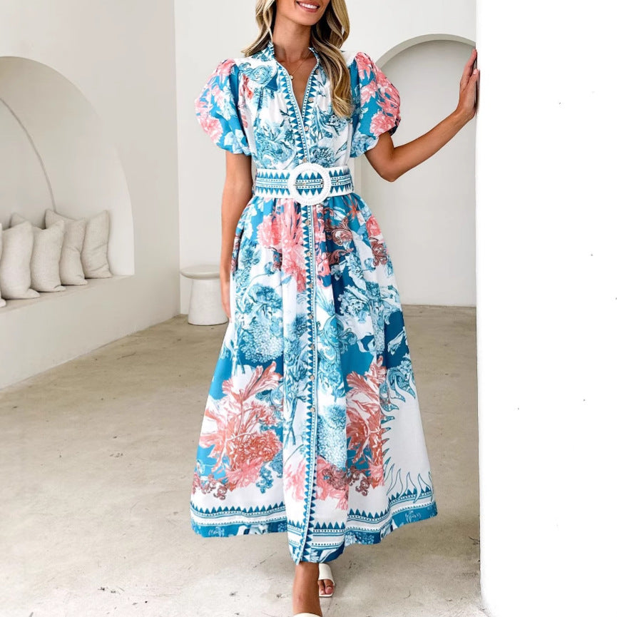 Damen Maxikleid mit voluminösen Puffärmeln und zartem Blumenmuster Drune