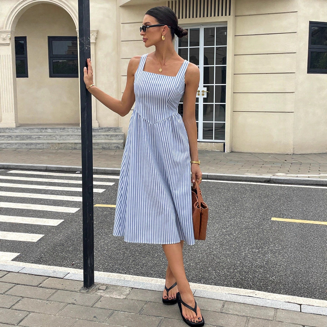 Damen Midikleid mit quadratischem Ausschnitt, breiten Trägern und tailliertem A-Linien Schnitt Drune