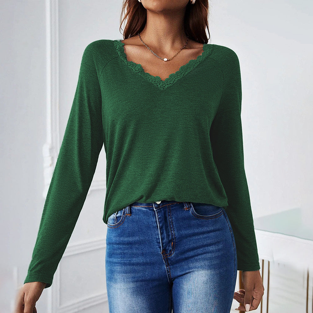 Damen feines V‑Neck Langarmshirt mit Spitzenbesatz, leichtem Feinstrick und lässiger Silhouette Drune